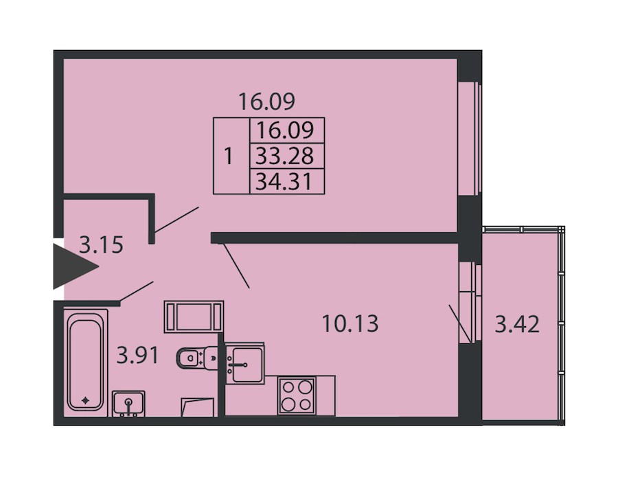 1-комнатная квартира 33.28 м², 12/12 эт., ЖК «Полис ЛАВрики»